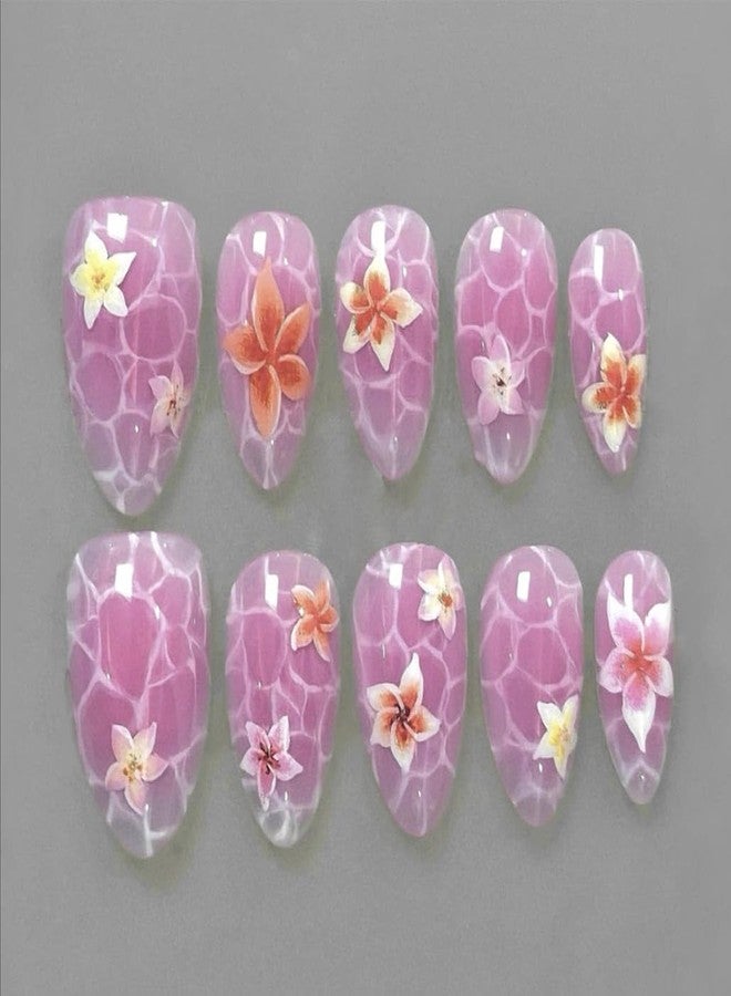 Foccna Press on Nails Almond Medium Pearl White Fake Nails French Glossy 3D Flower False Nail Tips Artificial Nails Finger Manicure for Women 24 pcs - Image 1